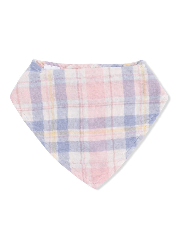 Multicolored plaid bandana in pink, blue, and yellow tones. Lightweight fabric, perfect for pets or casual wear.