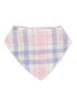Multicolored plaid bandana in pink, blue, and yellow tones. Lightweight fabric, perfect for pets or casual wear.