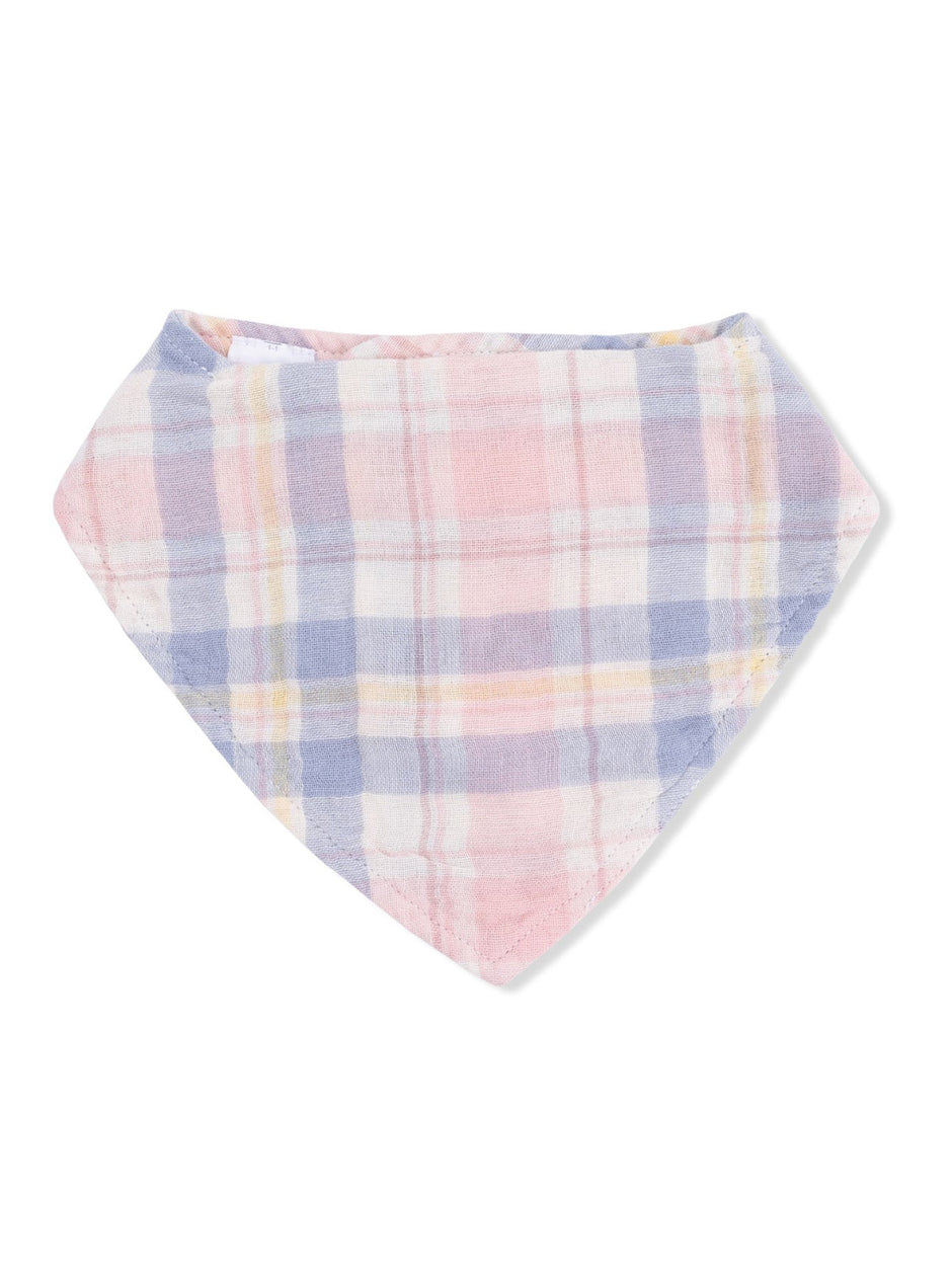 Multicolored plaid bandana in pink, blue, and yellow tones. Lightweight fabric, perfect for pets or casual wear.