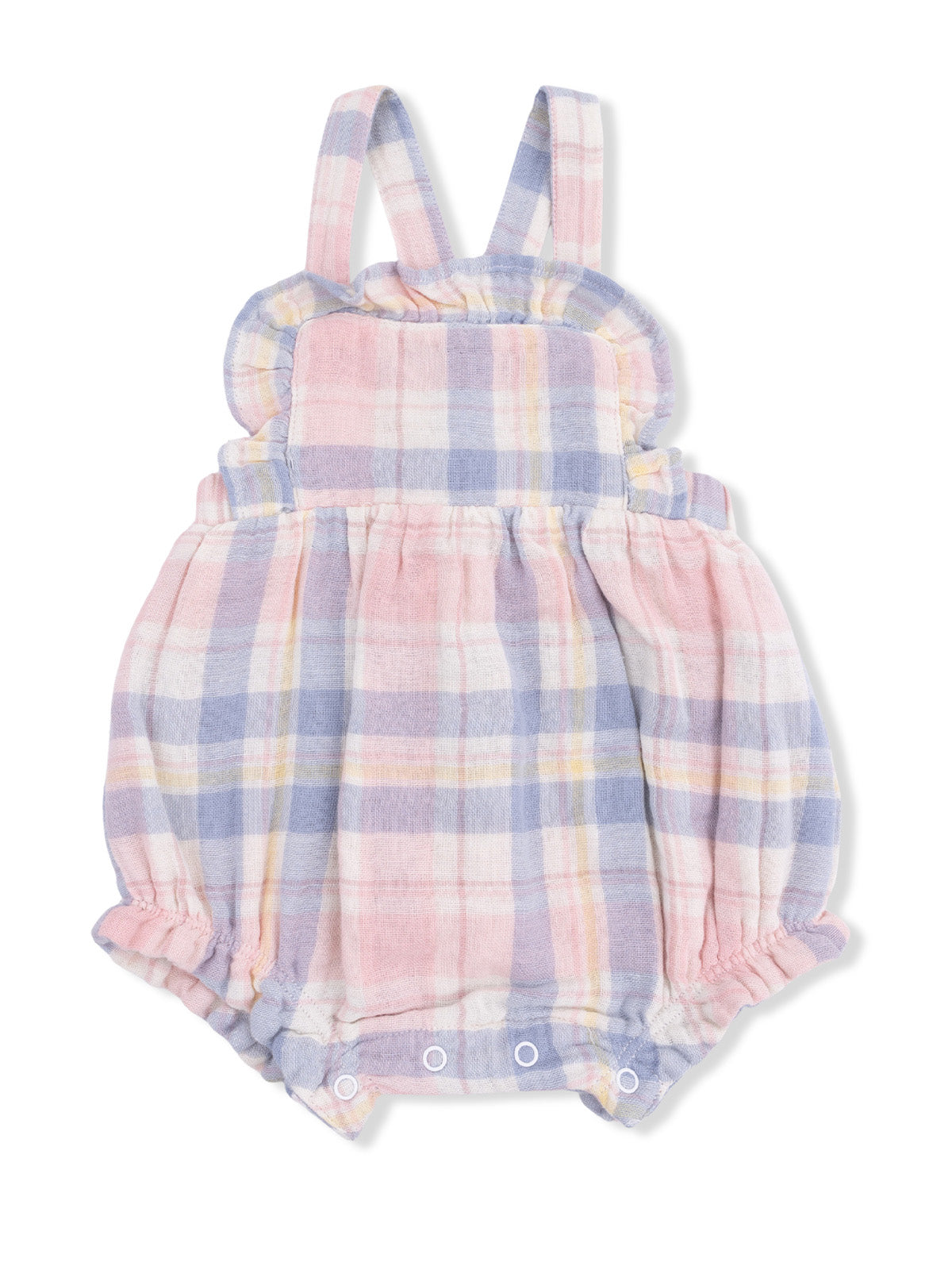 Lightly checked pink and blue baby romper with ruffled shoulders and snap closures at the bottom.