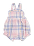 Lightly checked pink and blue baby romper with ruffled shoulders and snap closures at the bottom.