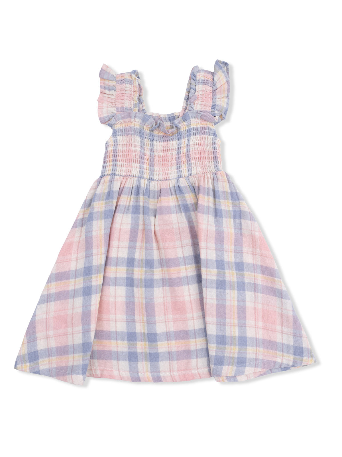Lightweight plaid dress featuring ruffled straps in pastel colors of pink, blue, and yellow. Perfect for summer wear.