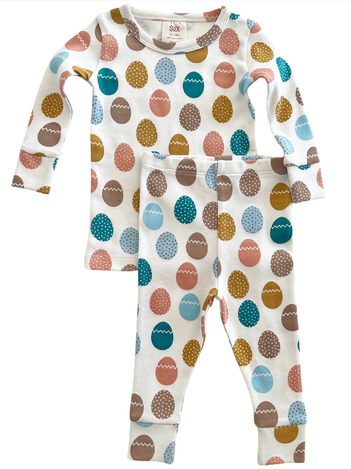 Two-piece baby pajama set with colorful egg patterns in soft fabric. Perfect for comfortable sleepwear.