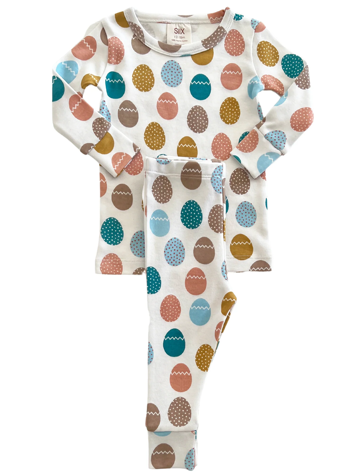 Children's pajamas featuring a playful egg pattern in various colors on a light background. Size: 12-18 months.