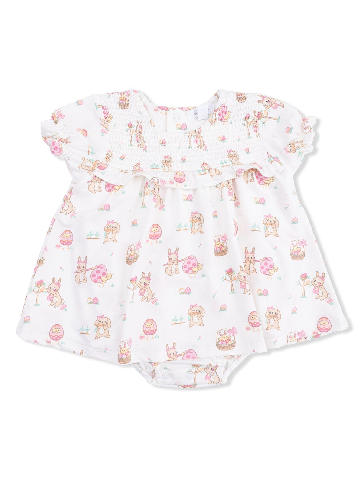 White baby dress with pastel animal prints and floral designs, featuring short ruffled sleeves and a snap bottom.