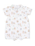 White baby romper with pastel bunny and Easter egg pattern and a collared neckline. Perfect for springtime outings.