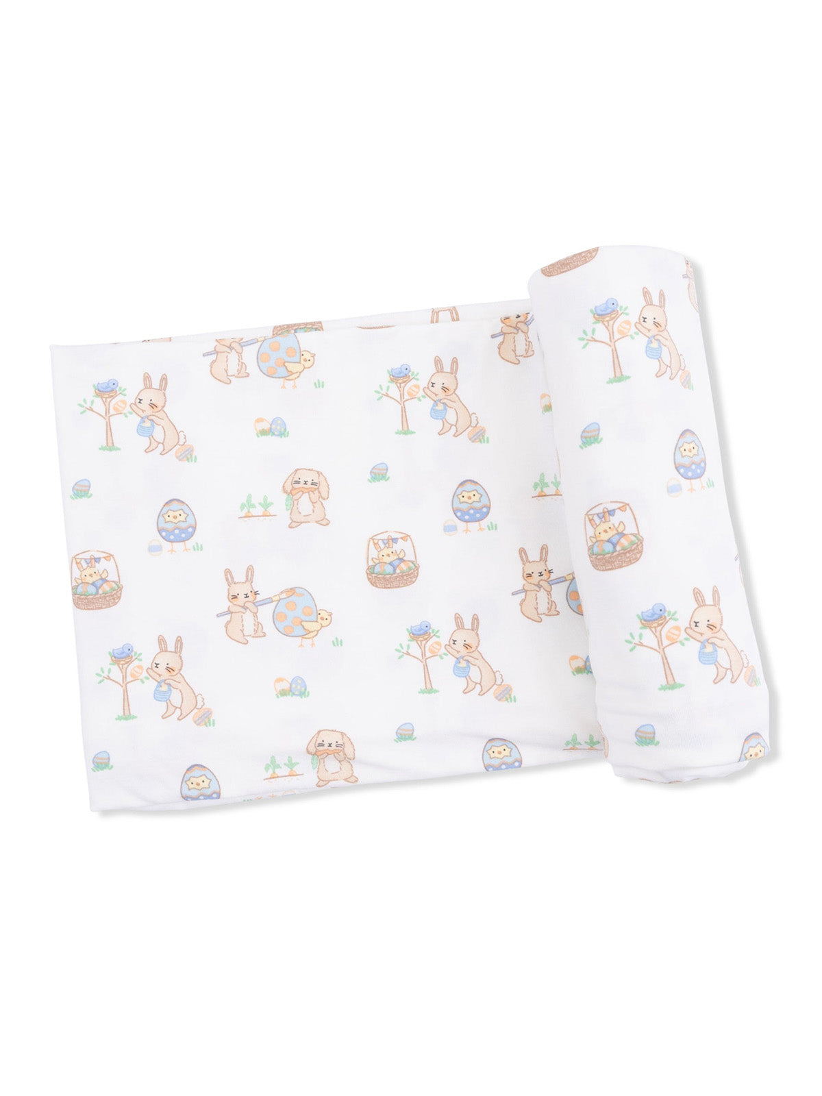 Patterned fabric with cute cartoon animals, including rabbits and chicks, in a playful spring design.