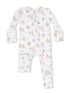 White baby onesie with pastel animal prints, featuring rabbits, eggs, and flowers, with a front zipper closure.