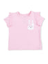 Light pink short-sleeve shirt with ruffles and a bunny pocket design. Ideal for children’s casual wear.
