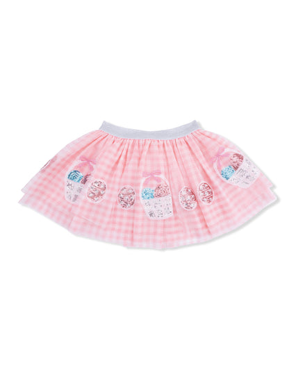 Pink tulle skirt with a gingham pattern and decorative Easter basket print. Perfect for festive occasions.