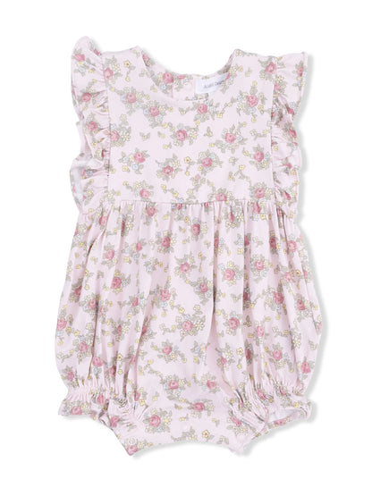 Floral baby romper in soft pink with ruffled sleeves and elasticized bottom for comfort.