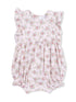 Floral baby romper in soft pink with ruffled sleeves and elasticized bottom for comfort.