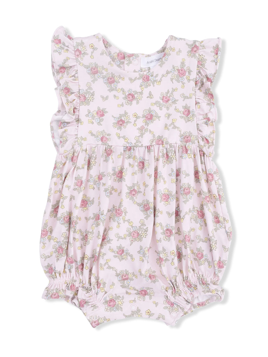 Floral baby romper in soft pink with ruffled sleeves and elasticized bottom for comfort.