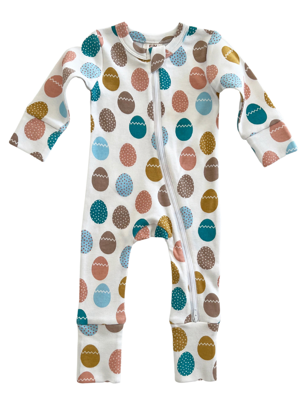 Baby onesie with a zipper, featuring a colorful egg pattern on a white background.