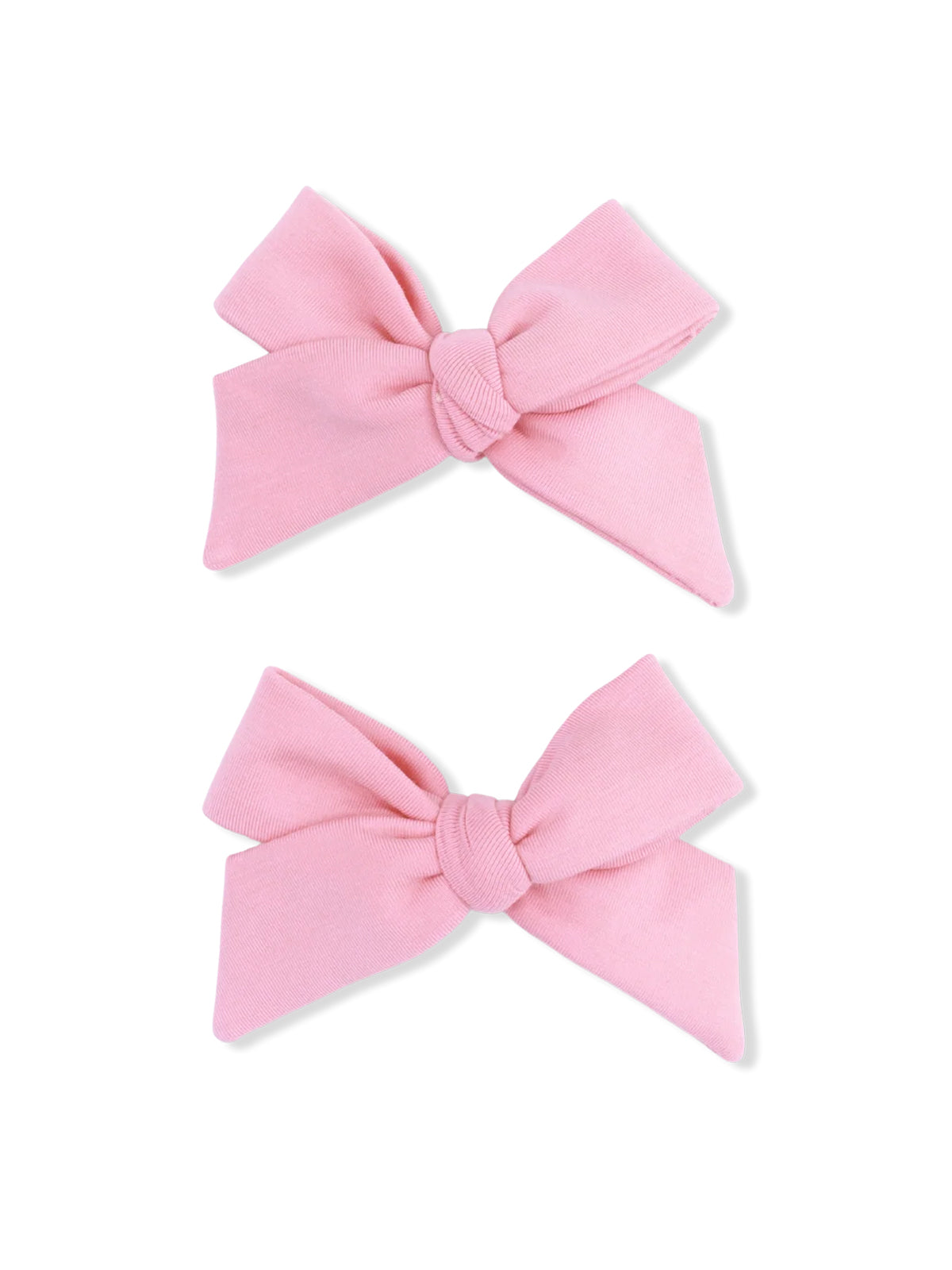Two pink fabric hair bows with knot detail, displayed side by side on a white background.