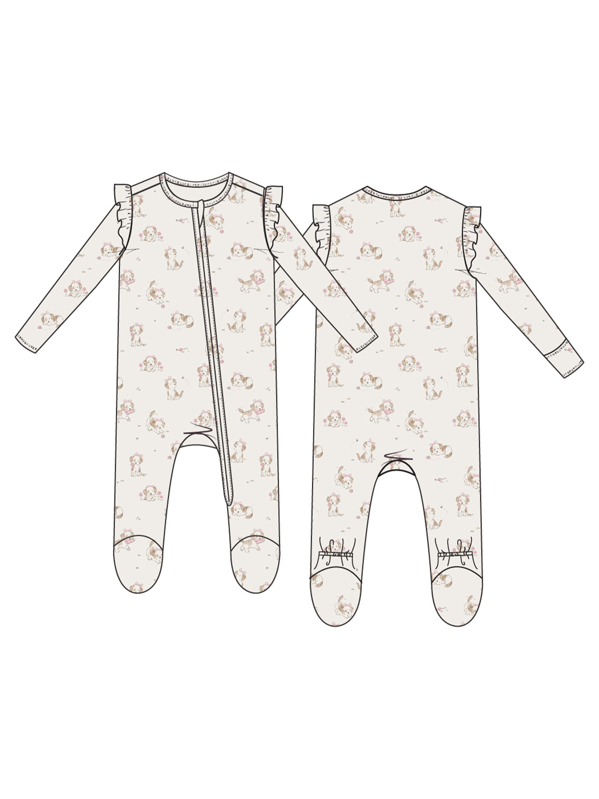 Ribbed Ruffle Sleeve 2-Way Zip Footie, Explorer Puppy Pink