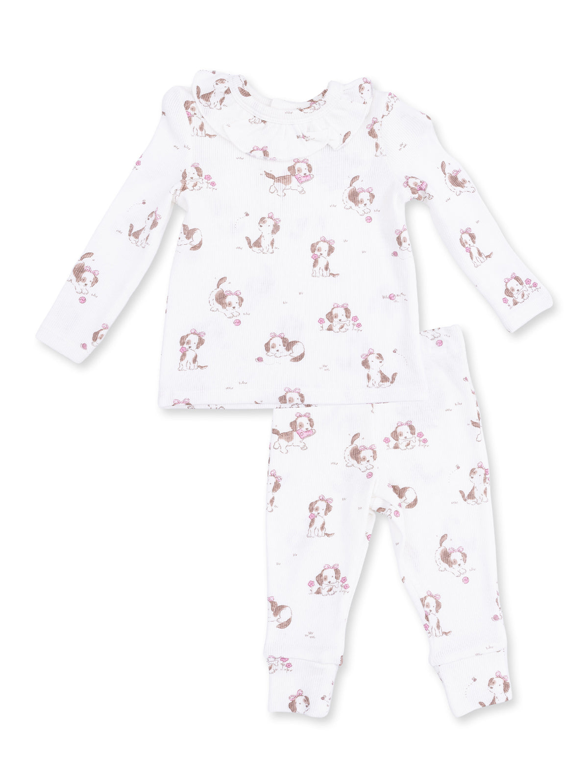 Ribbed Long Sleeve Ruffle Top & Pants, Explorer Puppy Pink