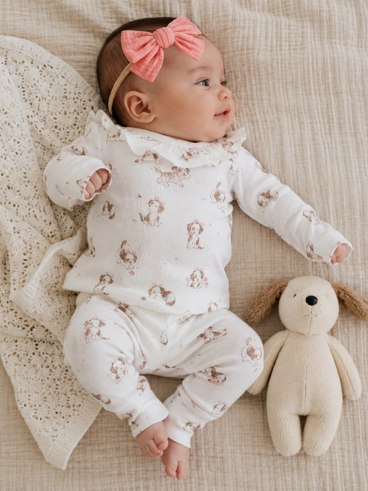 Ribbed Long Sleeve Ruffle Top & Pants, Explorer Puppy Pink