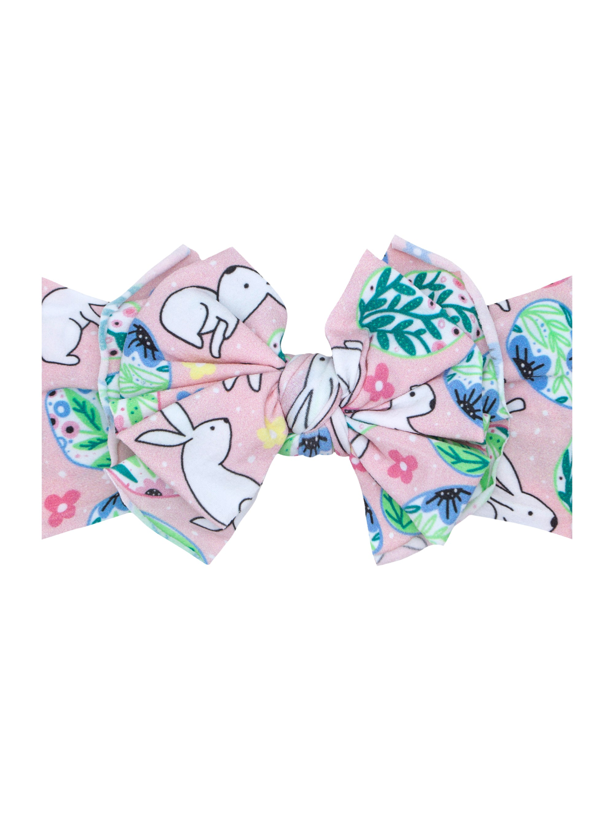 Pink bow adorned with white bunnies and floral patterns, ideal for children's accessories.