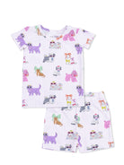 Kids' pajama set featuring colorful dog and cat illustrations on a light purple striped background.
