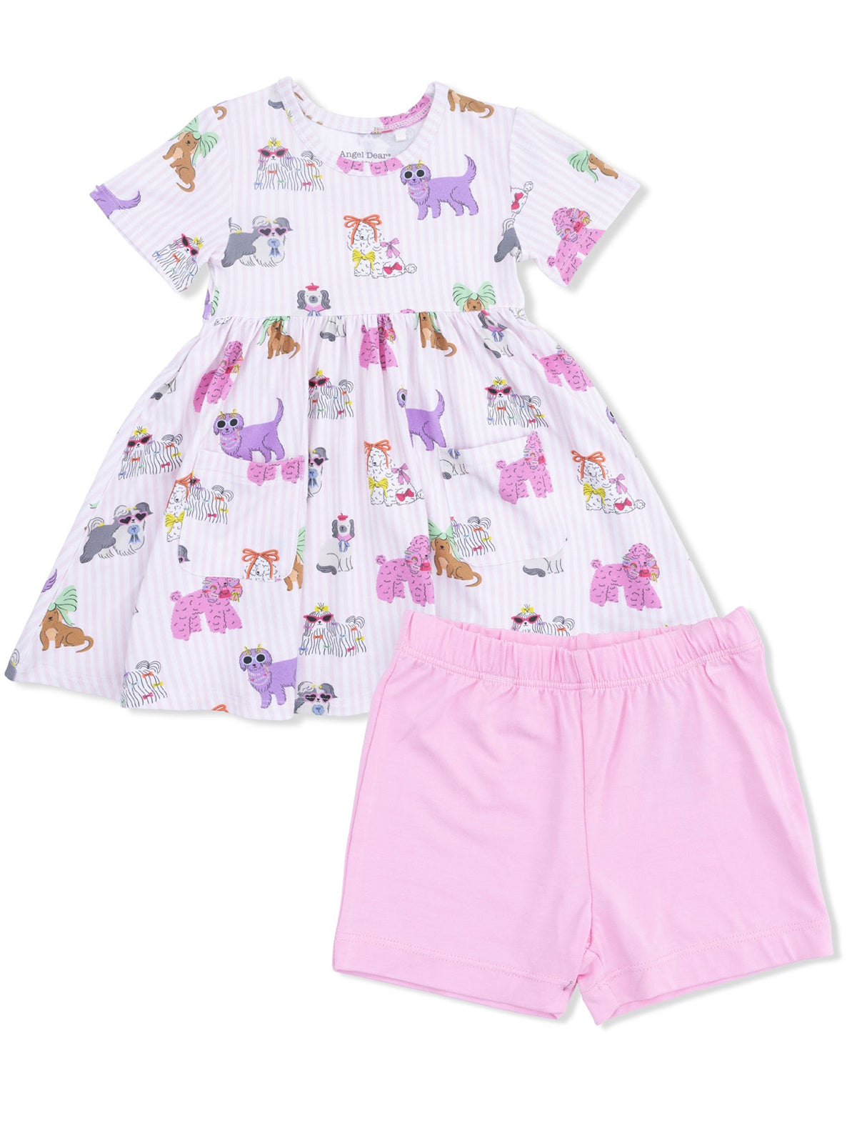 Kids' dress with colorful dog prints and matching pink shorts, perfect for playful outfits.