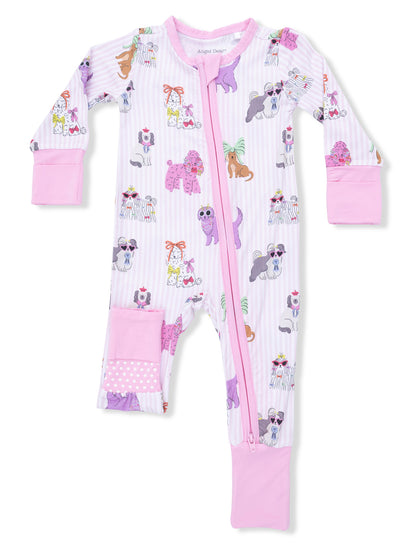 Children's pink pajamas with cute dog and cat patterns, featuring a front zipper and long sleeves.