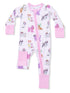 Children's pink pajamas with cute dog and cat patterns, featuring a front zipper and long sleeves.