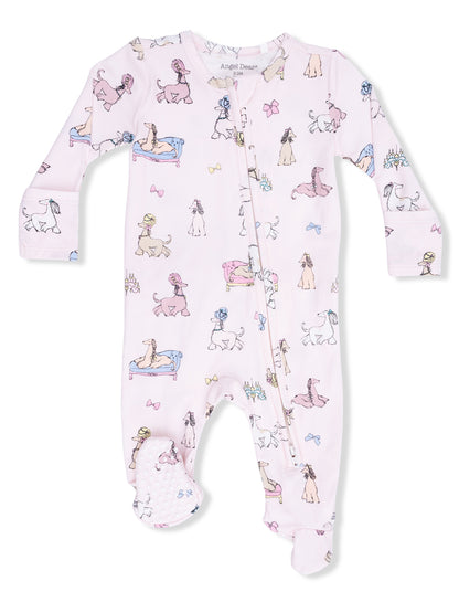 Pink baby onesie with playful dog illustrations and bows, featuring a front zipper and footed design.