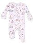 Pink baby onesie with playful dog illustrations and bows, featuring a front zipper and footed design.