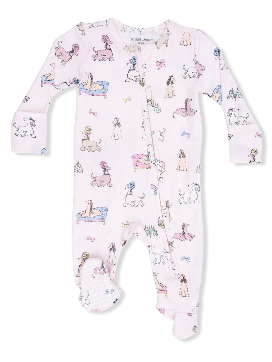 Pink baby onesie with playful dog illustrations and bows, featuring a front zipper and footed design.
