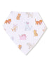 Pet-themed bandana featuring playful animals and soft pastel colors on a striped background.