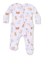 Light purple onesie adorned with playful animal prints and ruffles, perfect for baby sleepwear.
