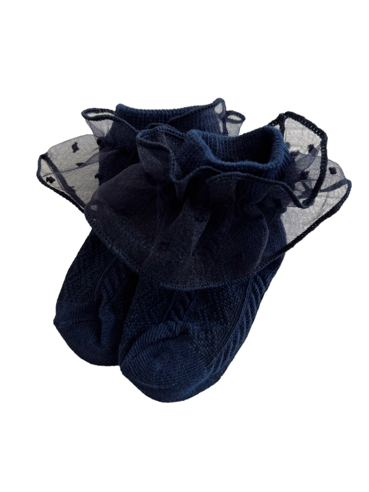 Navy blue socks with a ruffled tulle trim, featuring a polka dot design for a stylish look.