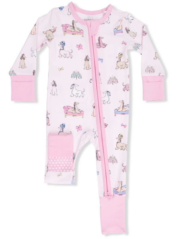 Pink toddler onesie with dog patterns and a front zipper, featuring playful bows and designs.