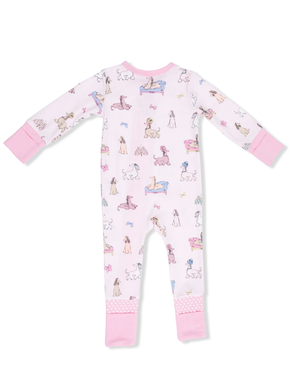 Light pink pajamas with playful dog illustrations and pink cuffs, suitable for children.