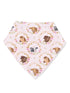 Pink bandana featuring illustrations of farm animals in floral wreaths.