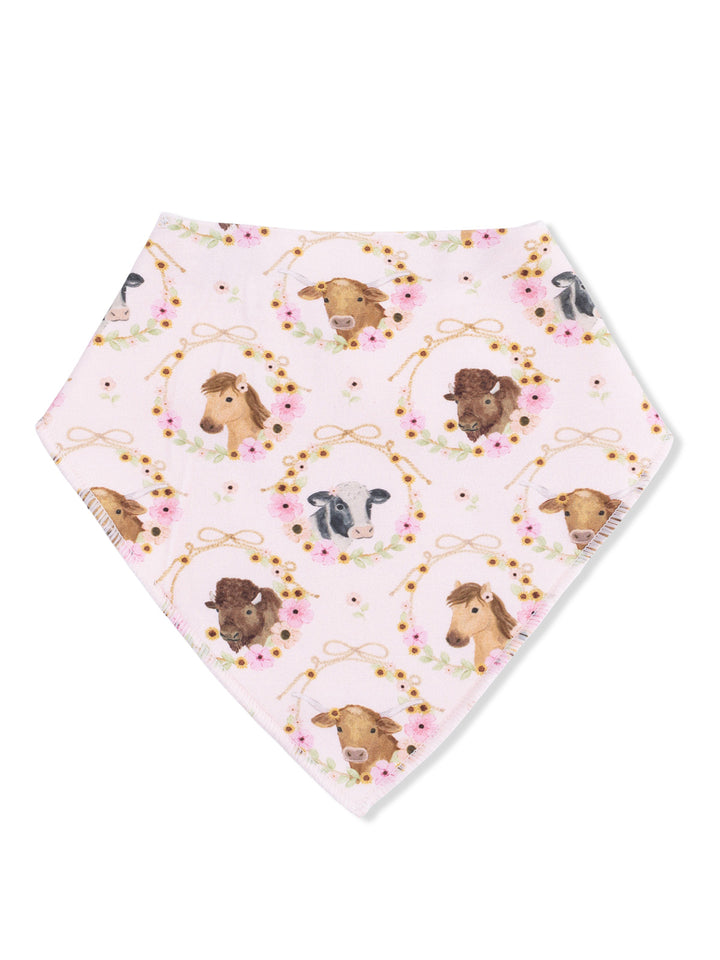 Pink bandana featuring illustrations of farm animals in floral wreaths.
