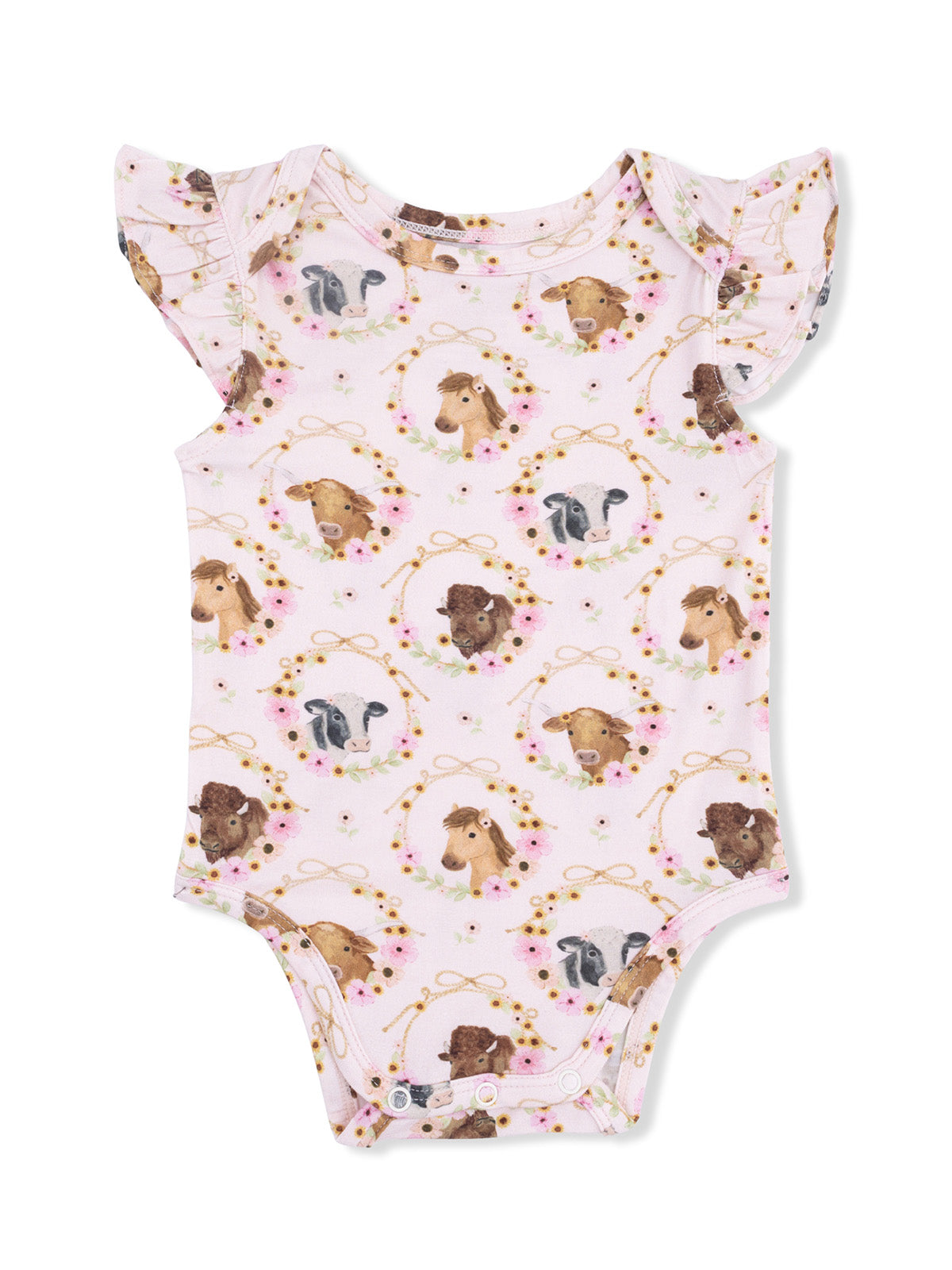 Pink baby onesie with ruffled sleeves, featuring cute farm animal illustrations in floral wreaths.