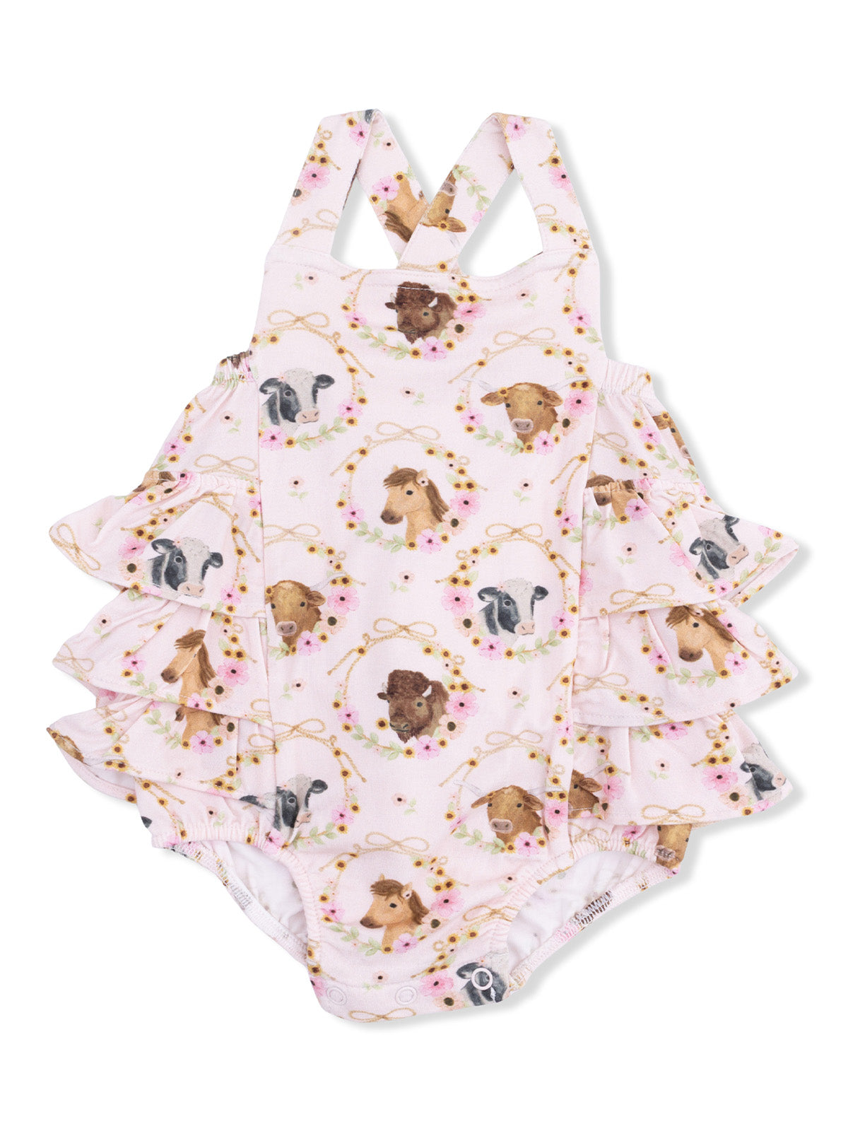 Pink ruffled swimsuit with playful animal prints, featuring cows, horses, and flowers, ideal for kids' summer wear.