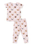 Pink pajama set featuring a whimsical dog print with floral accents, suitable for kids.