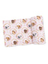 Pink fabric featuring illustrated animal heads in floral wreaths, including cows, horses, and dogs.