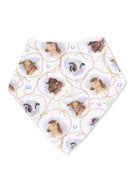 A bandana featuring watercolor animal faces, including cows and horses, on a white background with rope designs.