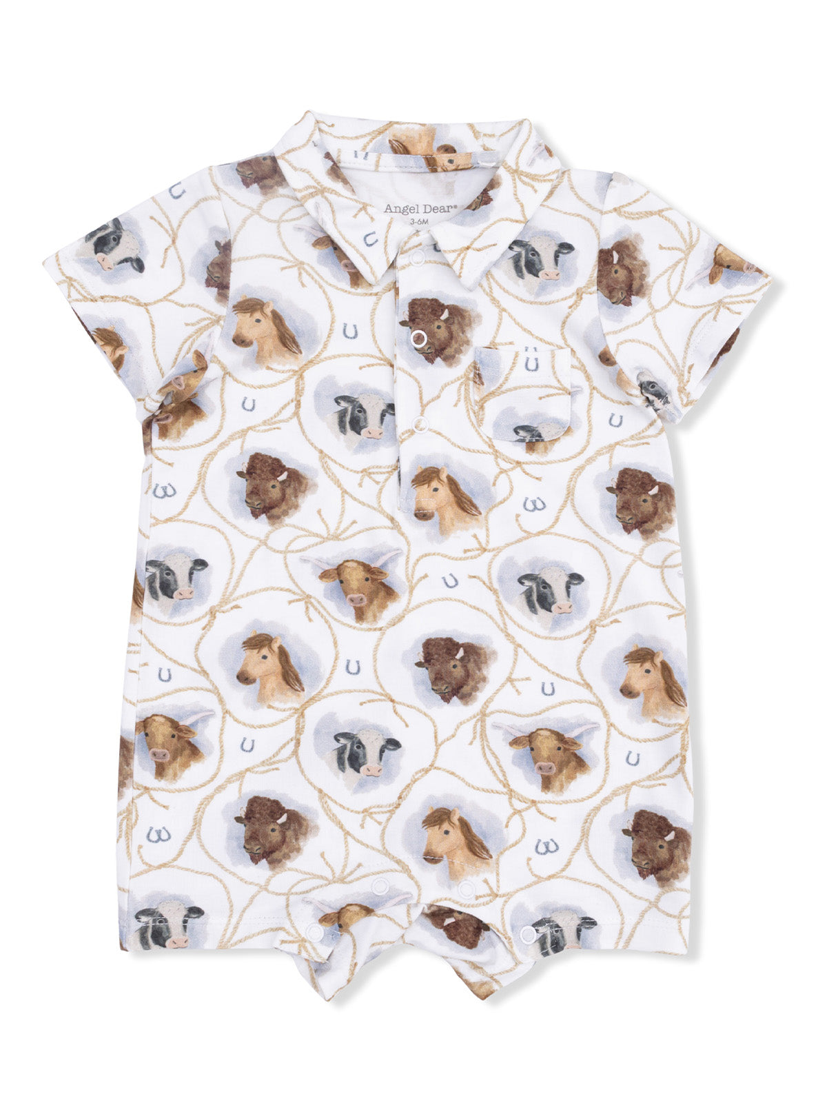 Infant romper with animal print featuring various farm animals on a light background.
