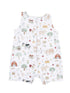 White infant romper featuring a playful farm animal print with trees, vegetables, and barn illustrations.