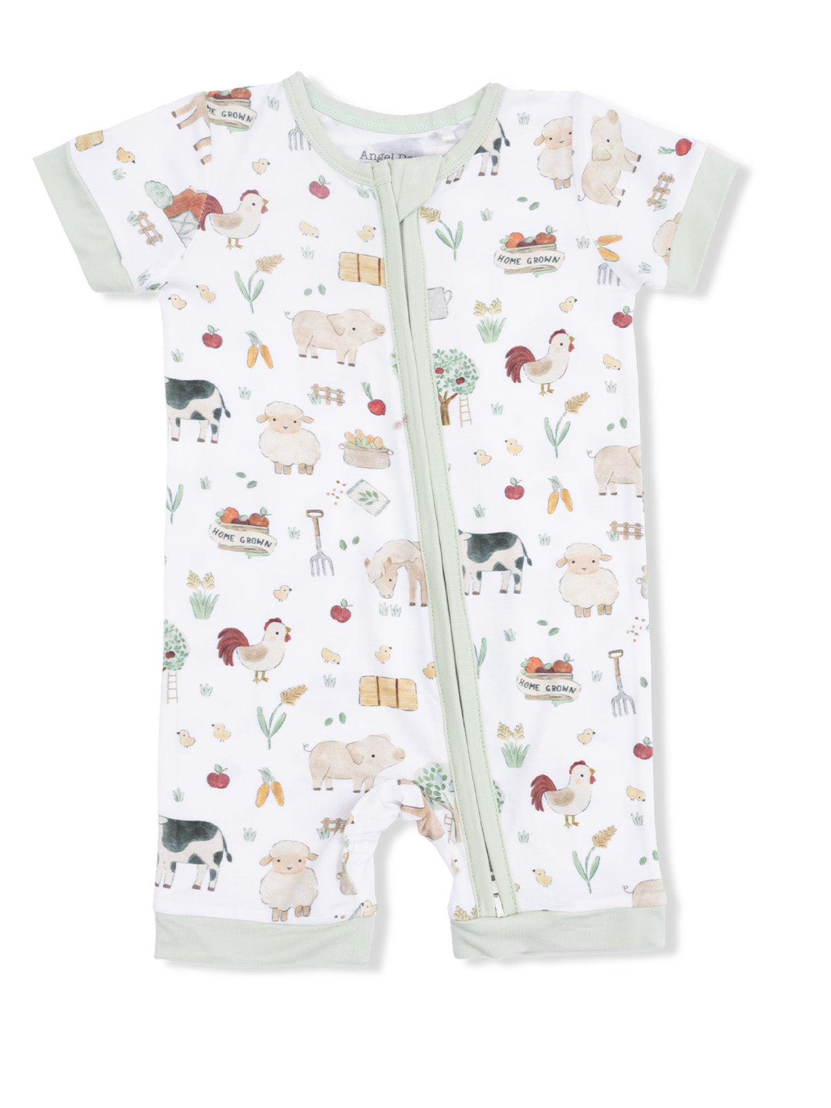 Children's romper featuring farm animal prints, including sheep, cows, and roosters, with a zip closure.