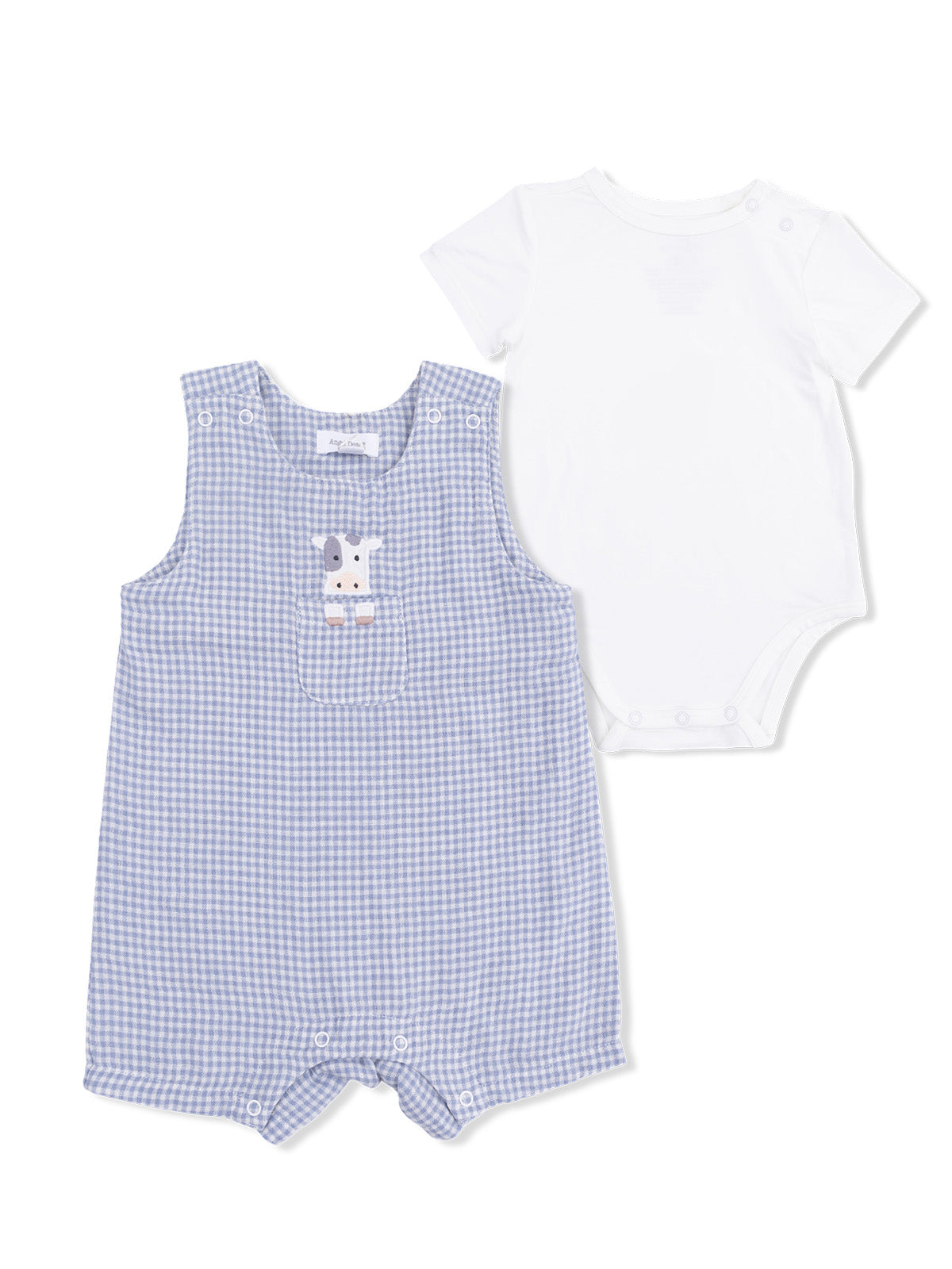 Blue gingham baby romper with a cow detail and a white short-sleeve bodysuit. Perfect for infants.