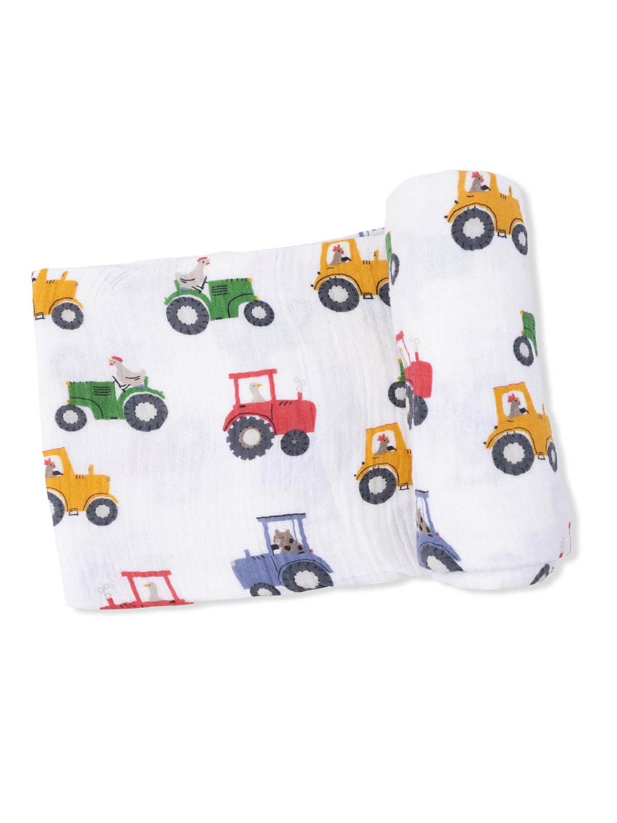 Soft muslin blanket featuring colorful tractors and animals, ideal for infants and toddlers.