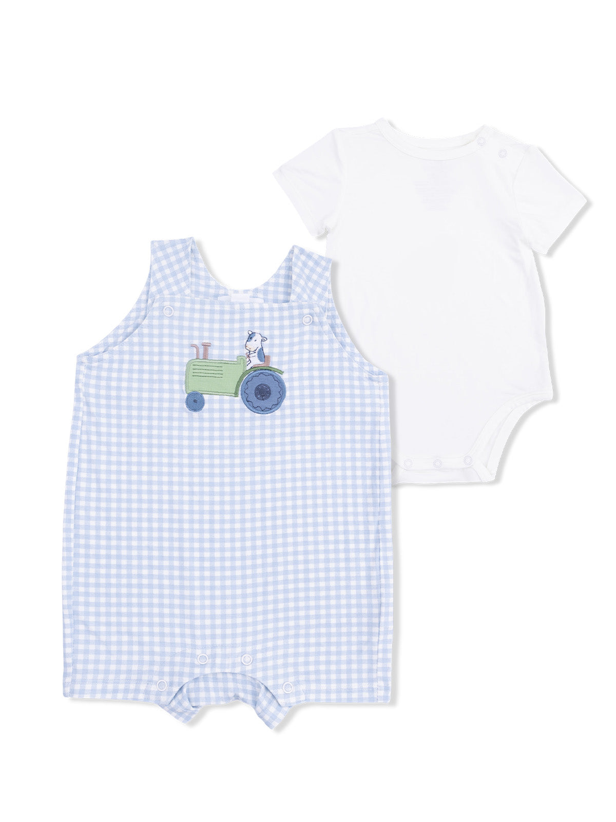 Blue gingham baby romper with tractor design and matching white onesie. Ideal for playful outfits.