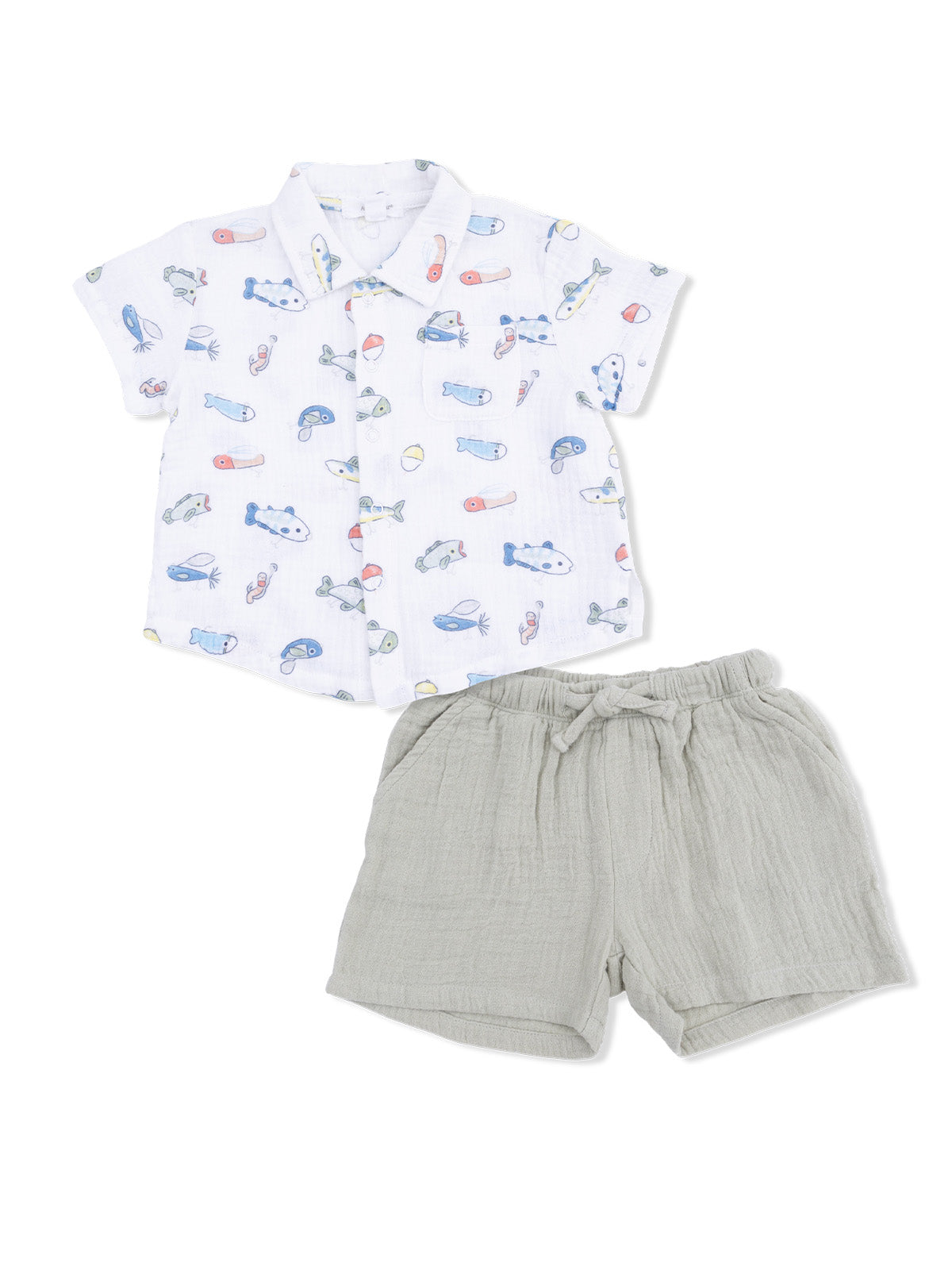 Children's outfit featuring a fish-patterned short-sleeve shirt and lightweight gray shorts. Perfect for warm weather.