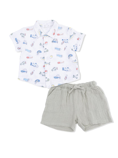 Children's outfit featuring a fish-patterned short-sleeve shirt and lightweight gray shorts. Perfect for warm weather.